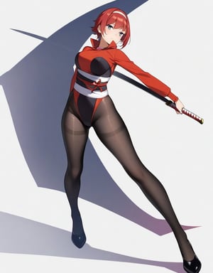 (masterpiece, top quality), high definition, artistic composition, 1 woman, leotard-style ninja costume, stylish standing pose, simple dark background, long extended shadow, red hair band and sash, small sword, tights