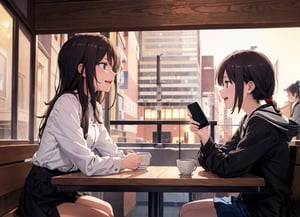 Masterpiece, top quality, high definition, artistic composition, 2 girls, sitting in coffee shop, talking, looking away, one angry, one laughing, portrait, students, Japan, one looking at phone