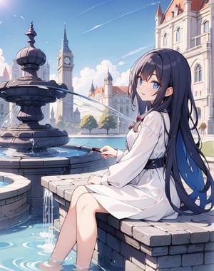 Masterpiece, top quality, high definition, artistic composition, animation, 1 girl, sitting, back view, park, close-up of fountain, shining water, blue sky, European cityscape, cobblestones, market, perspective, bold composition


