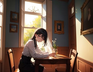 Masterpiece, Top Quality, High Definition, Artistic Composition, 1 Girl, Sitting, Smiling, Picture Frame on Table, Looking At Picture Frame, Looking Away, Dining Room, Room Wear, Window, Dining Table, From Side, Backlight, Striking Light, Relaxing, Portrait