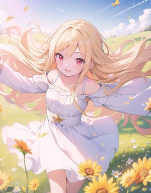 (masterpiece, top quality), high definition, artistic composition, 1 girl, flying pose, cheerful, meadow, composition from above, smiling, blonde hair, sparkling, white dress, healthy, impressive light, wind blowing, red eyes, divine