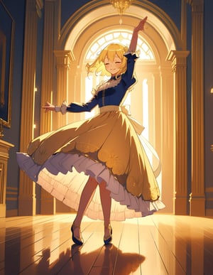 (masterpiece, top quality), high definition, artistic composition, 1 woman, dress with crinoline, tied blond hair, smiling with eyes closed, looking away, dancing gracefully, in palace, night, bold composition