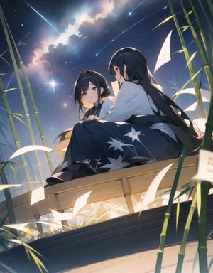 Masterpiece, Top quality, High definition, Artistic composition, 2 girls, yukata with floral pattern, sitting, looking away, talking, from below, starry sky, shooting star, Tanabata, night, bamboo branches, strips of paper