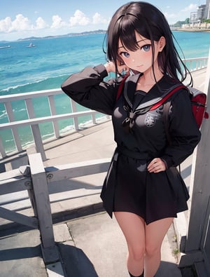 Masterpiece, Top Quality, 1 girl, black sailor suit, school uniform, school uniform, school, proud face, hand towards me, high definition, from above, Japan, summer dress, one piece, impressive light, from side, full body, portrait