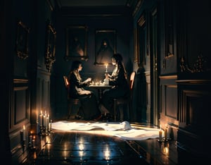 (masterpiece, top quality), high definition, artistic composition, 3 women, talking, scared, excited, dark room, darkness, one candle, sitting, small room, ghost story,