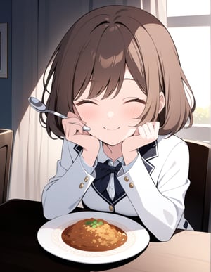 Masterpiece, Top Quality, High Definition, Artistic Composition,1 girl, brown hair, smiling with eyes closed, rapt, blushing, wavy hair in bob cut, white blazer, school uniform, black ribbon across chest, eating curry rice on a flat plate at table, holding spoon, hand on cheek, girlish gesture, dining table, dining room, portrait, homey, condensation on glass of water