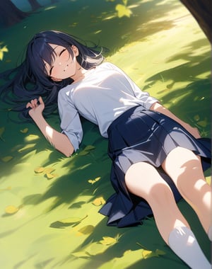 (masterpiece, top quality), High definition, Artistic composition, 1 girl, lying in large, lying on grass, smiling, sunlight filtering through trees, shadow of leaves, pleasant, wind blowing, white shirt, dark blue skirt, An aerial view, Dutch angle, white socks, looking away

