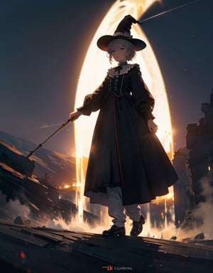 Masterpiece, top quality, high definition, artistic composition, animation, 1 woman, Brocken Mountain, Brocken phenomenon, German folk costumes, witch silhouette in background, bold composition, striking light