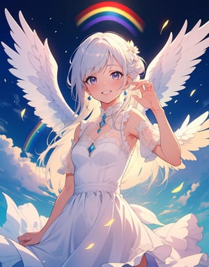 (masterpiece, top quality), high definition, artistic composition, 1 girl, rainbow image, spectrum, warm light, white dress, gentle smile, girlish gesture, frolicking, angel wings, dazzling,