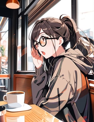 Masterpiece, top quality, 1 girl, big round glasses, dark rimmed glasses, long shaggy hair, hair tied back, coffee shop, reaching up, looking out window, Japan, plain sweatshirt hoodie, window seat, high definition, yawning, artistic composition