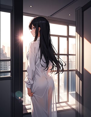 (masterpiece, top quality), high definition, artistic composition, 1 woman, standing in front of window, from behind, large white shirt, hair scraped up, shining, transparent, long black hair, morning, morning sun, striking light, backlit, hotel high-rise room, beautiful