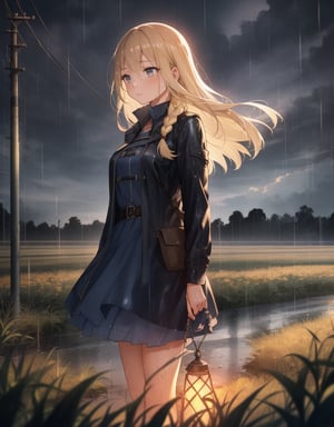 (Masterpiece, Top Quality), High Definition, Artistic Composition, 1 girl, dusk, raining, standing, wet in the rain, blonde hair, braids, large hair band, from the front, country road, incandescent electric light, striking light, cold, lonely, sad, large field