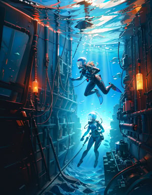 (masterpiece, top quality), high definition, artistic composition, 1 girl, retro diving suit, large glass helmet, underwater, exploring, beautiful seascape, striking light, underwater exploration