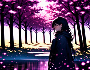  Masterpiece, Top Quality, High Definition, Artistic Composition, One Woman, Petite Girl, Large Dark Rimmed Glasses, Subdued Dark Hair, Embarrassed, Looking Away, Hands Folded in Front of Body, Cute Gesture, Blushing, Sideways, Walking, Subdued Clothing, Cherry Trees, Full Bloom, Petals Dancing, Warm Light, Dramatic, POW, Date, Crowded, Blurred Background, Taleye, Open Mouth Smile, Anime,<lora:659111690174031528:1.0>