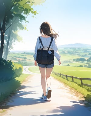 (masterpiece, top quality), high definition, artistic composition, 1 girl, (watercolor), French countryside, road leading to hill, country road, walking, travel bag, casual fashion, sneakers, artistic, blue sky, Everyday Life