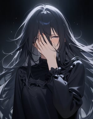 (masterpiece, top quality), high definition, artistic composition, 1 woman, crying, hand covering face, tears, screaming, black hair, long hair, hair disheveled, dramatic, somber clothing, dark background