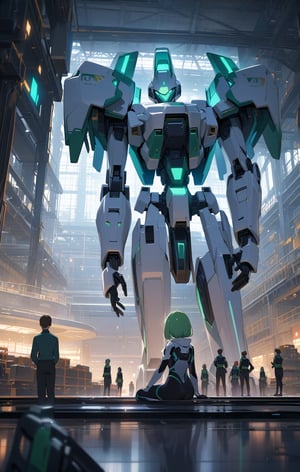 Masterpiece, Top Quality, High Definition, Artistic Composition, One Girl, White Pilot Suit, Body Suit, Android Style, Glowing Purple, Science Fiction, Sitting, Smiling, Greeting, Looking Away, Waving, Sweating, Blue-Green Hair, Inside Factory, Warehouse, People Working, Wide Shot, Japanese Anime Style people working, part of giant mecha in background, wide shot, Japanese anime style