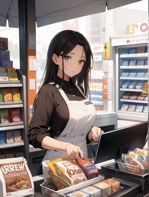 Masterpiece, Best Quality, High Definition, Artistic Composition,1 Woman, working part-time at a convenience store, Lawson, Nepalese woman, big eyes, kind, serving customers, portrait, brown skin, wearing store uniform