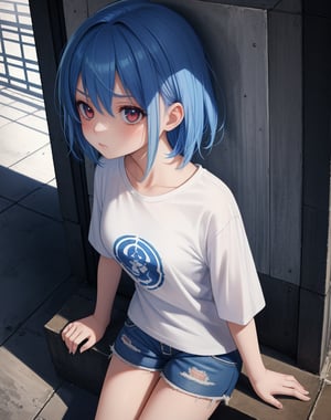 (masterpiece, top quality), high definition, artistic composition, 1 girl, white t-shirt, blue hair, medium hair, troubled, poised, from above, station, turnstiles, 12 years old, shorts, portrait, red accent color