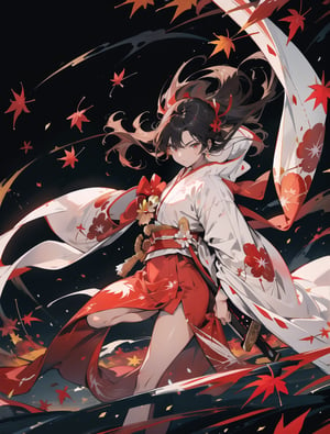 Masterpiece, Top Quality, High Definition, Artistic Composition,1 Woman, Serious Face, Sharp Eyes, Action Pose, White and Red Kimono Style Battle Dress, Standing with Legs Spread, Japanese Sword at the Ready, Simple Background, Impressive Light, Hair Bound with Red Ribbon, Good Looking, Autumn Leaves Pattern