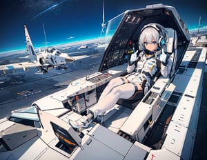 masterpiece, top quality, 1 girl, white pilot suit, headset, sitting in cockpit, operating, thumbs up, otherworldly airbase, runway, algorithmic design fighter, silver fighter, high definition, composition from above, wide shot, colorful sky, science fiction, fantastic