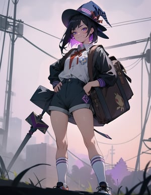 Masterpiece, Top Quality, High Definition, Artistic Composition,1 girl, wizard hat, smug face, printed shirt, standing tall, shorts, striped two-socks, sneakers, standing with legs spread, right hand on hip, left hand extended in peace sign , schoolbag, meeting, purple sky, eerie background, from front, fantasy, black hair, red ribbon