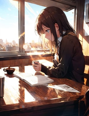 Masterpiece, Top Quality, High Definition, Artistic Composition, 1 girl, crying, reading, coffee shop, window seat, coffee cup, handkerchief, light shining through, late afternoon, side view