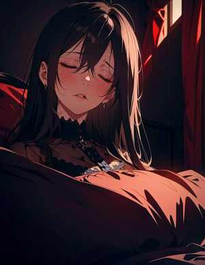 (masterpiece, top quality), high definition, artistic composition, 1 girl, dark hair, gothic, sleeping on bed, suffering, sweating, (devil standing by), frightening, horror, dark, overhedshot,.