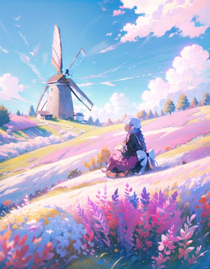 Masterpiece, best quality, high definition, artistic composition,1 girl, meadow, sitting sideways, yokozuwari, magenta dress, braids, looking away, wind blowing, giant windmill, blue sky, white clouds, wide shot, bold composition