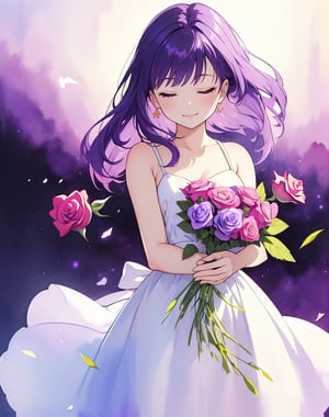 (masterpiece, top quality), high definition, artistic composition, 1 girl, Eyes closed, prone, smiling, holding rose bouquet in front of body with both hands, standing, purple hair, tight white dress, shoulder straps, black background, Len Plant light, from front, watercolor, calm, clean, cowboy shot