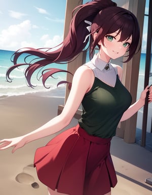 (Masterpiece, Top Quality), High Definition, Artistic Composition, 1 girl, high ponytail, green knit, sleeveless, dark red flared skirt, posing, smiling, along the beach, big hair band, blowing in the wind