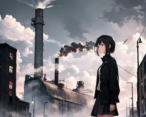 Masterpiece, Top Quality, High Definition, Artistic Composition, 1 girl, blank expression, white shirt, black skirt, 1960s London, short hair, poor clothing, gray sky, big factory, lots of chimneys, lots of smoke coming from big chimney, melancholy, dark, wide shot, portrait, slum, black fog, 13-year-old girl, looking away, yellow street lamp