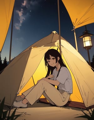 (masterpiece, top quality), high definition, artistic composition, 1 woman, long hair, camping, white shirt, khaki pants, in tent, sitting cross-legged, lantern light, from front, smiling, night