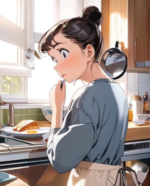 Masterpiece, Top Quality, High Definition, Artistic Composition, 1 girl, Embarrassed, Offering breakfast, Blushing, Apron, Japanese kitchen, Sweatshirt, Hair tucked back, Looking away, Morning, Portrait, Warm, 1960s