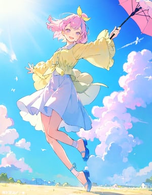 (masterpiece, top quality), high definition, artistic composition, 1 girl, 15 years old, smiling, puff sleeve, gather skirt, holding parasol, jumping, pop image, illustration style, pastel colors, cute gesture, lobbed hair