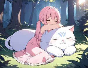 (masterpiece, top quality), high definition, artistic composition, 1 girl, ugly huge cat sleeping, girl sleeping on that cat, little girl, pink dress, twin tails, in the forest, beautiful sunlight, fantasy, animation