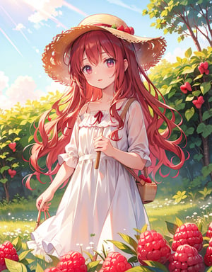 Masterpiece, Top quality, High definition, Artistic composition, 1 girl, raspberry field, picking raspberries, looking away, straw hat, white dress, morning dew shining, beautiful light, striking light, bold composition, smiling, chestnut hair, wavy hair, composition from below