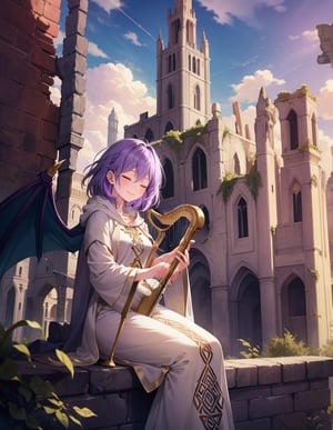 Masterpiece, Top Quality, High Definition, Artistic Composition,1 girl, wizard, beige robe, (playing Celtic harp with eyes closed), ruins, brick building, sitting on broken building, fantasy, smiling, striking, dramatic, dragon flying in sky, bold composition, purple hair