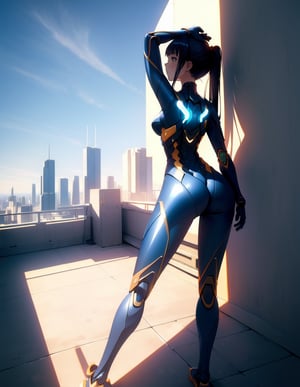 (masterpiece, top quality), high definition, artistic composition, 1 girl, plug suit, building rooftop, standing, backlit, long stretching shadow, Dutch angle, perspective, striking light, bold composition