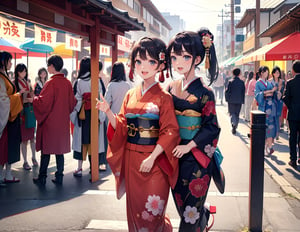 Masterpiece, Top Quality, High Definition, Artistic Composition, Several Girls, Kimono, Japanese Clothing, Walking and Talking, Smiling, Waving, Looking Away, People in Ethnic Clothing, Crowd, Festival, Western Style, Portrait, Fun, Bold Composition