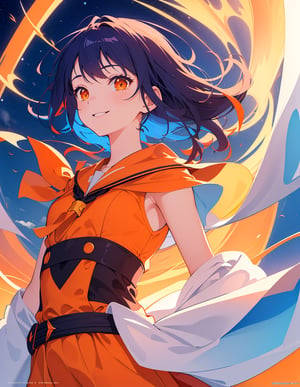 (Masterpiece, Top Quality), High Definition, Artistic Composition, 1 girl, smiling, orange sailor suit, fantasy light armor, cool sword, looking away, composition from below, indigo hair, staring into distance, wind blowing, animation