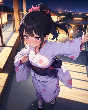 (Masterpiece, Top Quality), High Definition, Artistic Composition, 1 female, Embarrassed, Girlish Gesture, Walking, From Above, From Side, Looking Away, Blushing, Inverted Ponytail, Yukata, Walking, Night, Festival, Dark, Talking, Head Up, Kanzashi, Black Hair