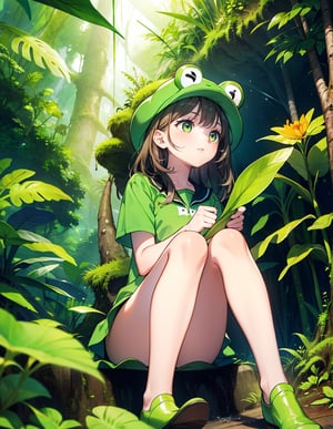 (masterpiece, top quality), high definition, artistic composition, 1 girl, in rainforest forest, wearing green stuffed frog, sitting with legs spread, looking up to heaven, comical, cute, from front