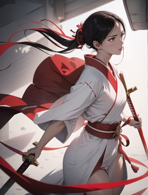 Masterpiece, Top Quality, High Definition, Artistic Composition,1 female, serious face, piercing eyes, action pose, white and red kimono style battle dress, standing with legs spread, Japanese sword at the ready, simple background, striking light, hair tied up with red ribbon, good looking,