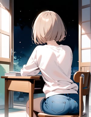 Masterpiece, Top Quality, High Definition, Artistic Composition,1 girl, short hair, drawing manga at study desk, back view, Japanese housing, jeans, trainers, watercolor style, pastel tones, from behind, looking away, back, sitting on wooden chair, chestnut hair, face not visible