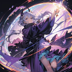 Masterpiece, Top Quality, High Definition, Artistic Composition,1 girl, wizard, purple robe, holding up magic wand, floating in air, many monsters dancing behind, serious face, simple background, fantasy, from front, wide shot, magic circle at feet