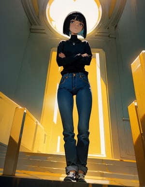 (masterpiece, highest quality), high definition, artistic composition, 1 woman, standing, expressionless, crossed arms, looking down, backlit, looking down, from below, trainers, jeans, bob cut, dramatic