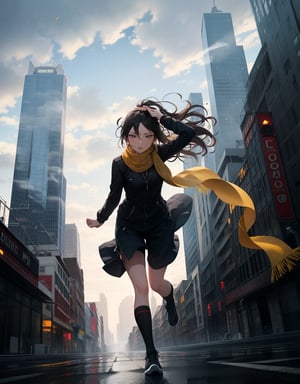 (masterpiece, top quality), high definition, artistic composition, 1 girl, leaning forward, running, action pose, long yellow scarf blowing in the wind, hair tied on head, skyscraper city, ruins, broken road, cloudy, dark, dramatic, smoking