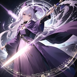 Masterpiece, Top Quality, High Definition, Artistic Composition,1 girl, wizard, purple robe, holding up magic wand, floating in air, many monsters dancing behind, serious face, simple background, fantasy, from front, wide shot, magic circle at feet