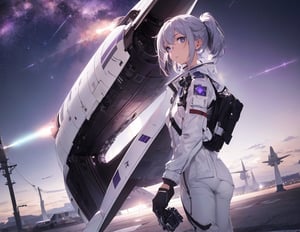 masterpiece, top quality, 1 girl, white pilot suit, helmet in hand, walking, otherworldly airbase, runway, algorithmic design fighter, silver fighter, high definition, artistic composition, wide shot, dark purple sky color, science fiction, fantastic